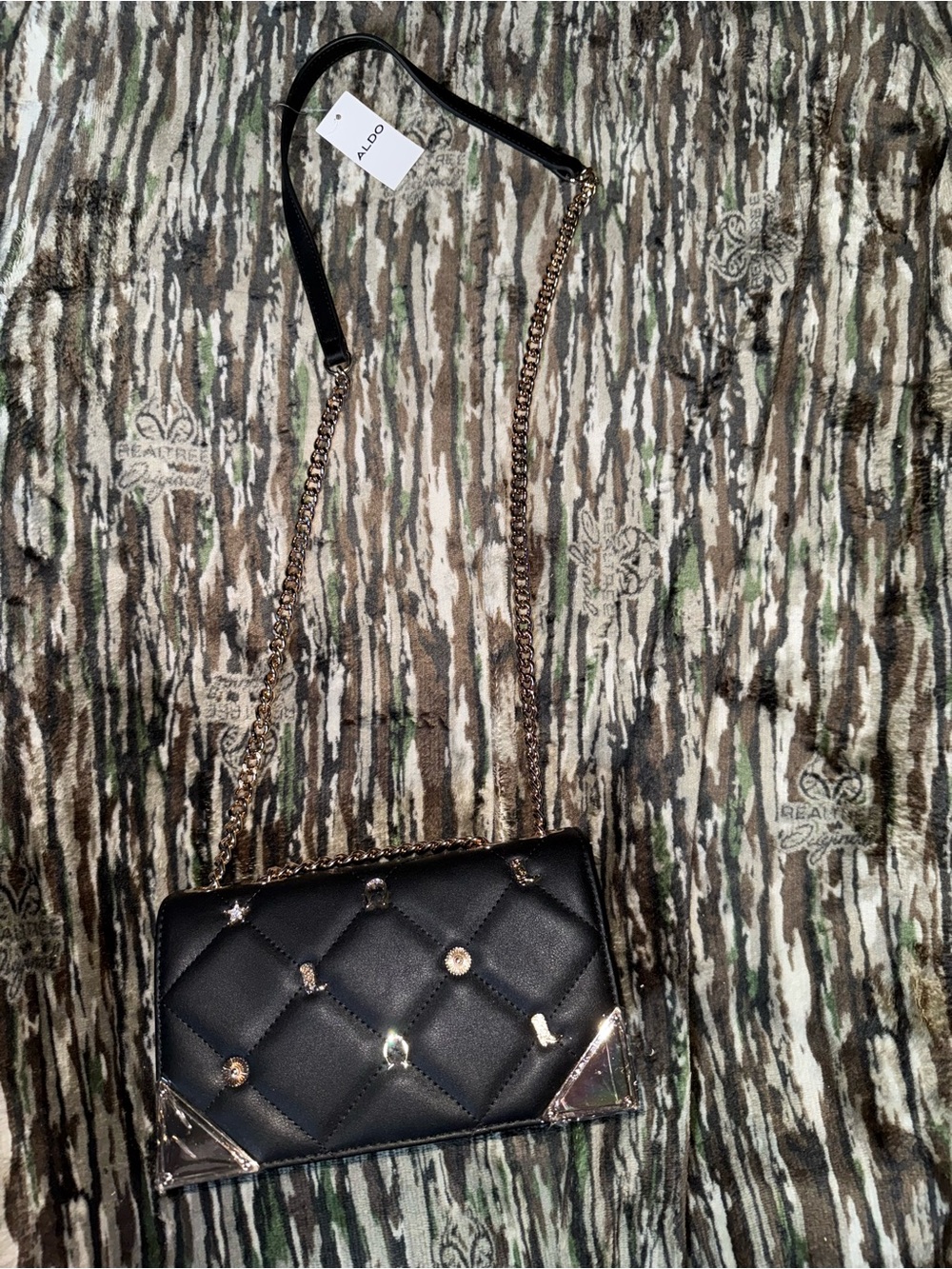 ALDO Black Shoulder Crossbody Purse Gold Tone Cowboy Theme NWT